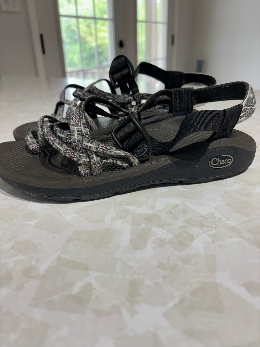 Chaco Women's Black Strappy Sport Sandals with Gray & Pink Accents